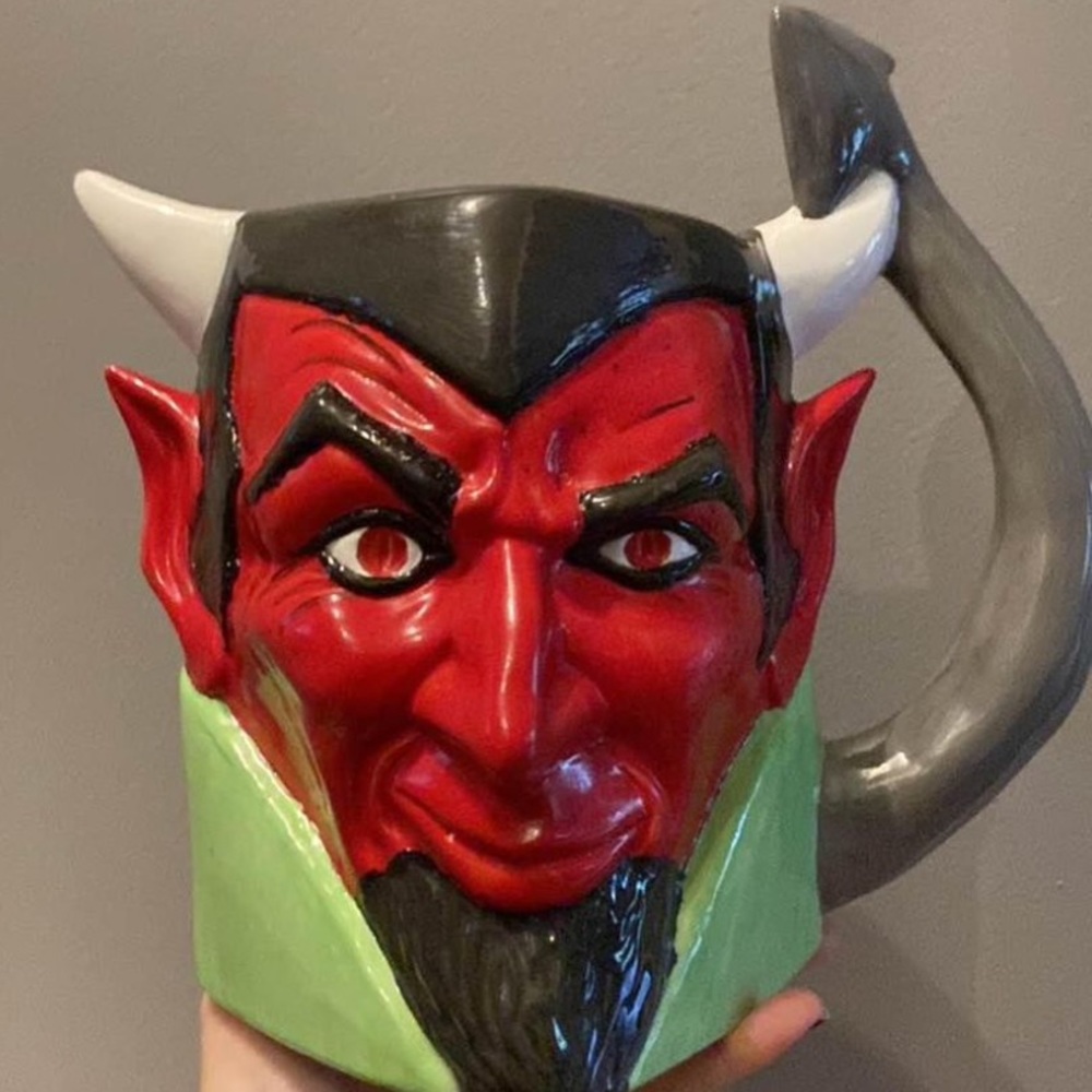 Vintage 1970 Handmade Hand Painted Ceramic Red Devil / Satan Face Water Pitcher